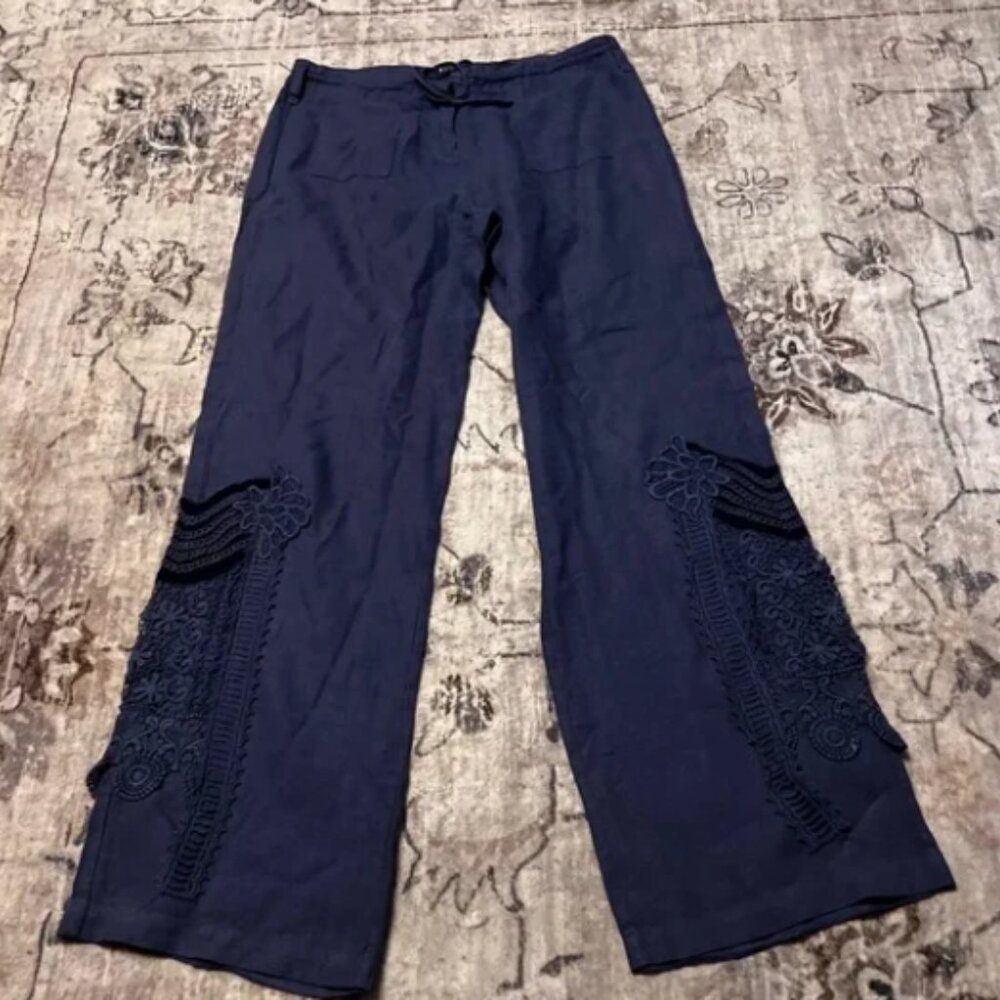 Johnny Was 100% Linen Blue Pants Size Small Drawstring Embroidered